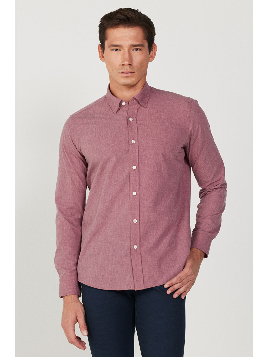 Erkek Kırmızı Slim Fit Dar Kesim Gizli Düğme Yaka Gömlek-2