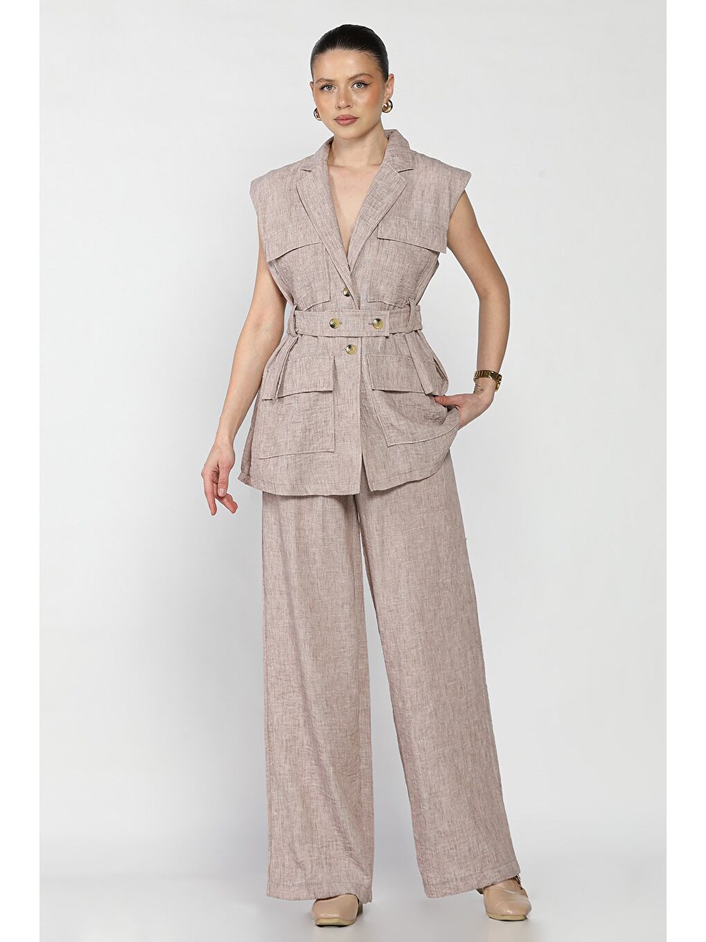 Bej Kadın Bel Kuşaklı Yelek Pantolon İkili Takım-1