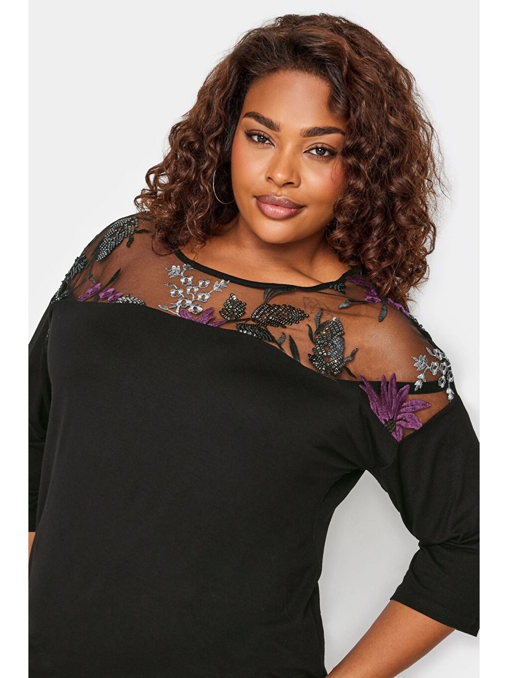 Siyah Büyük Beden Bisiklet Yaka Tül Detaylı Fakir Kol Bluz 302657-4