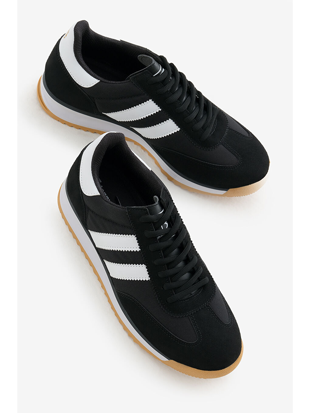 Unisex Siyah Beyaz Termo Taban Çift Şeritli Bağcıklı Spor Ayakkabı-2