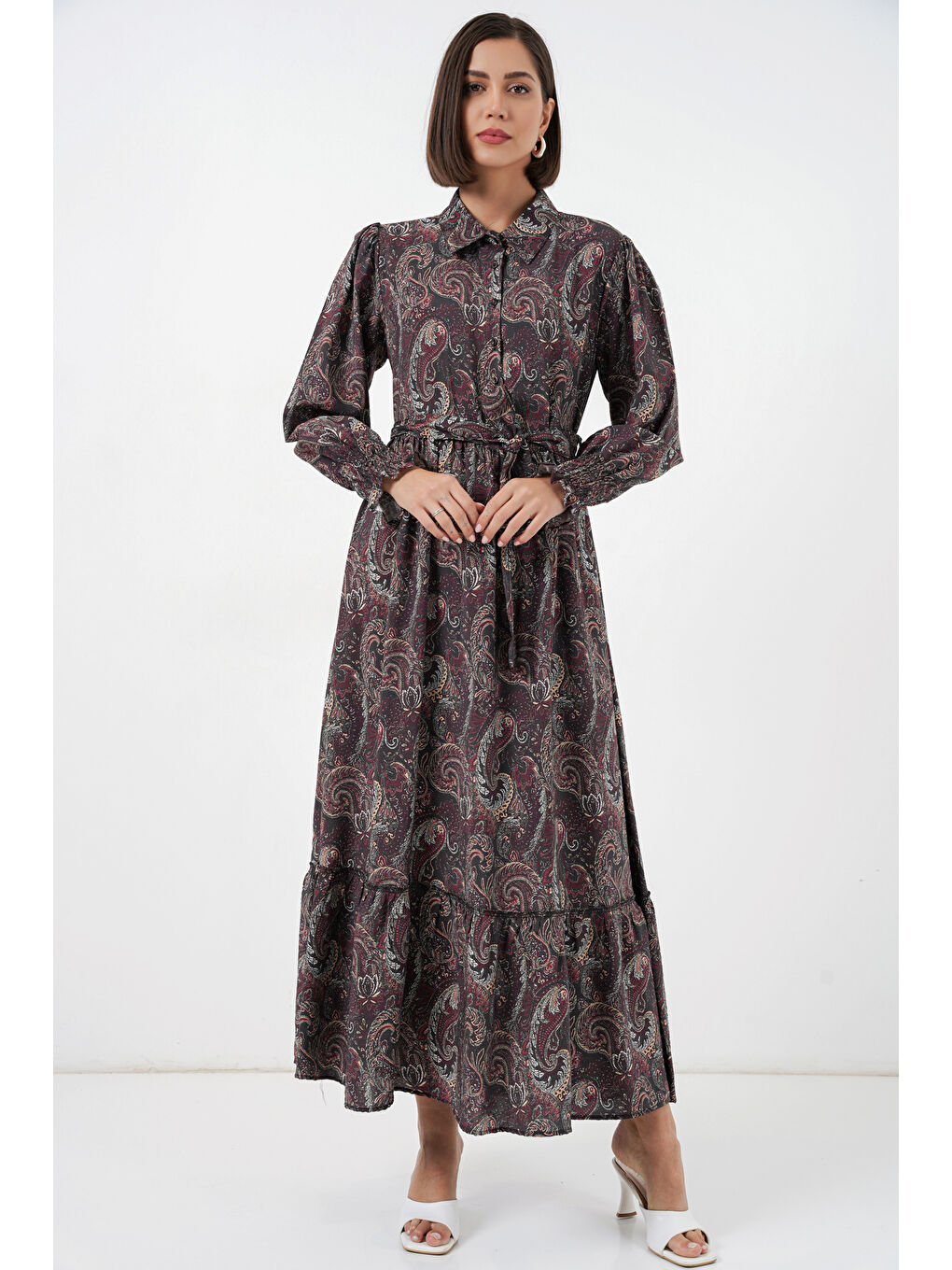 Kadın Kuşaklı Tesettür Elbise 2589 - Siyah-3