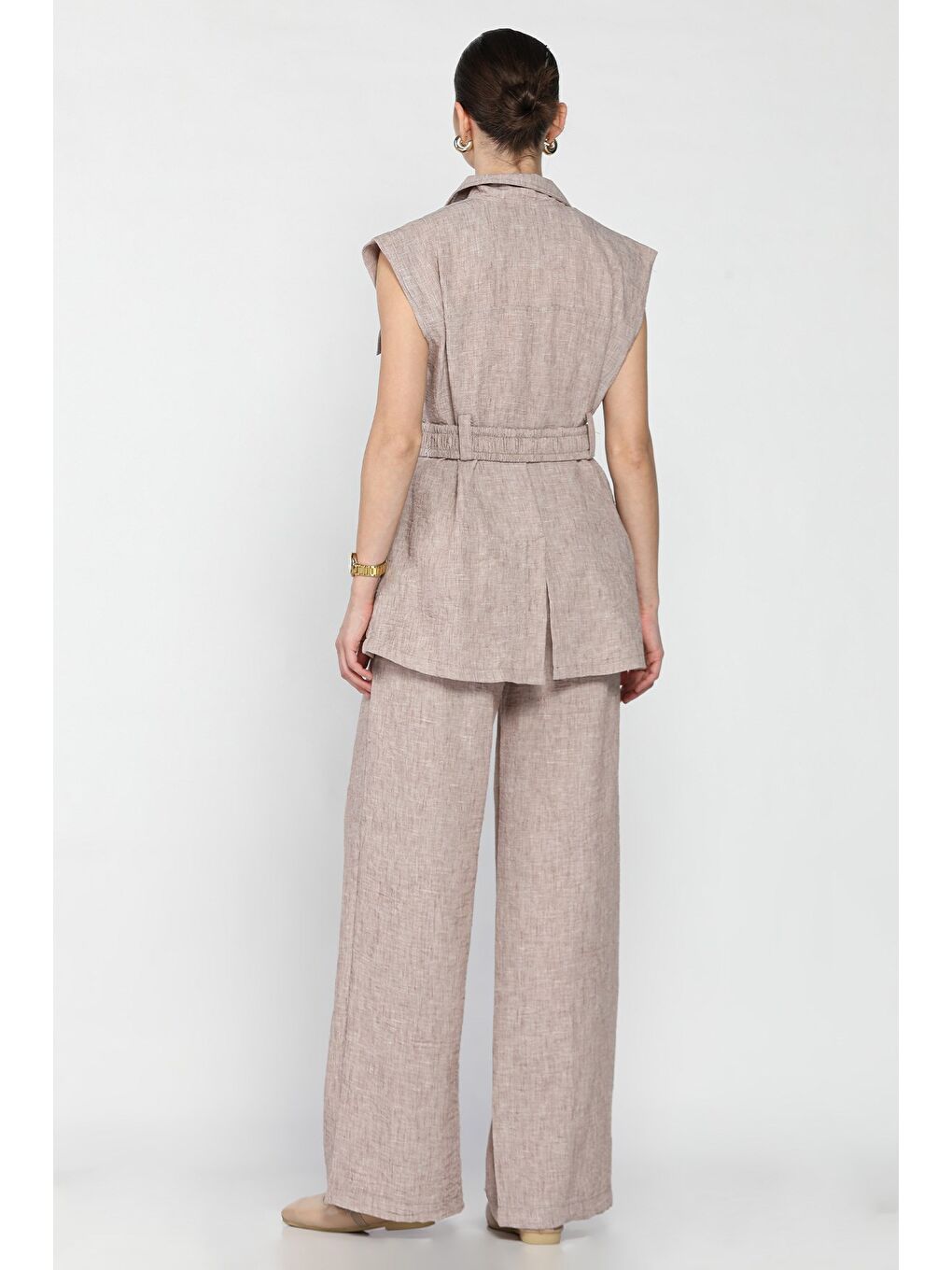 Bej Kadın Bel Kuşaklı Yelek Pantolon İkili Takım-2