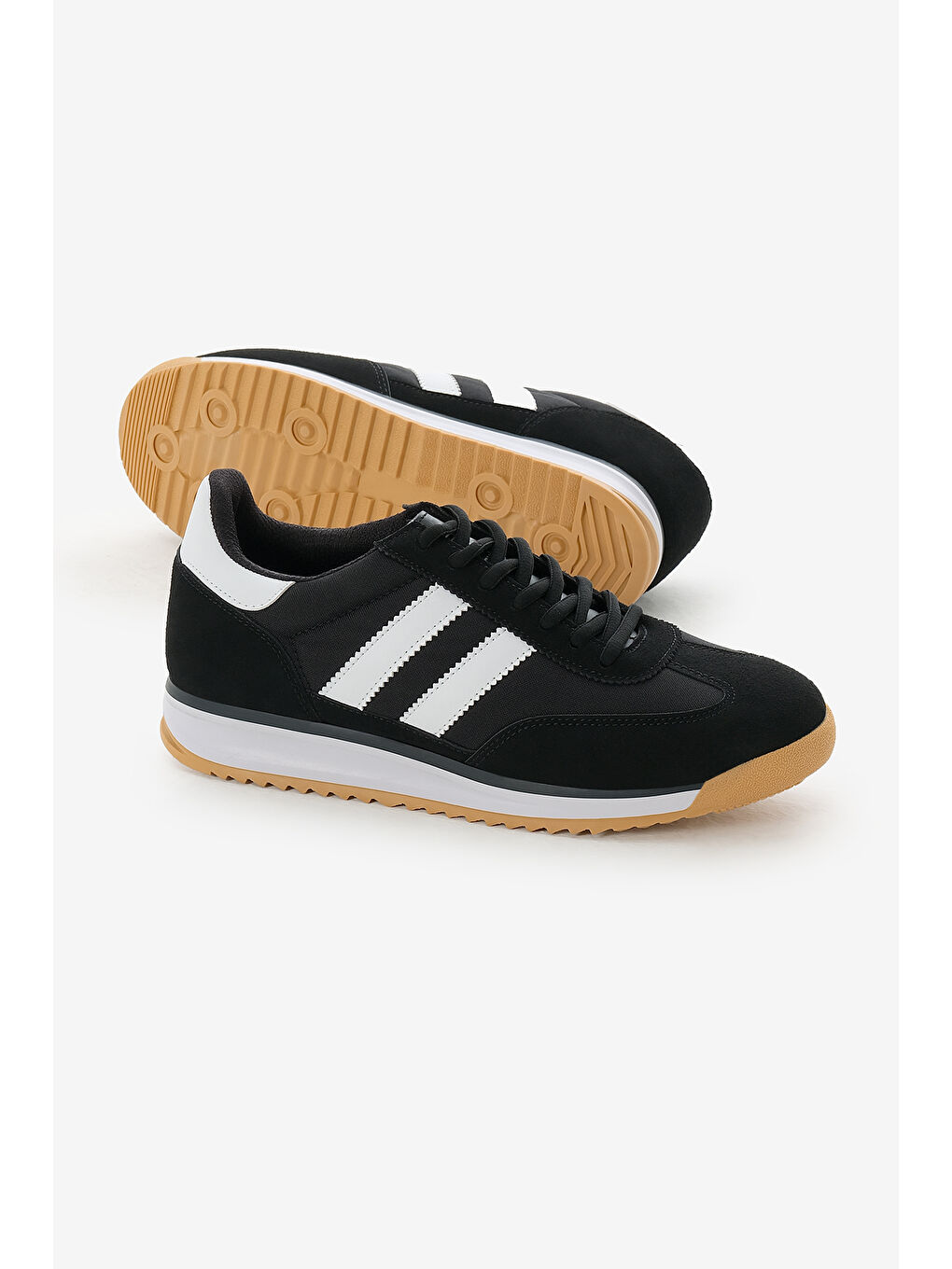 Unisex Siyah Beyaz Termo Taban Çift Şeritli Bağcıklı Spor Ayakkabı-3