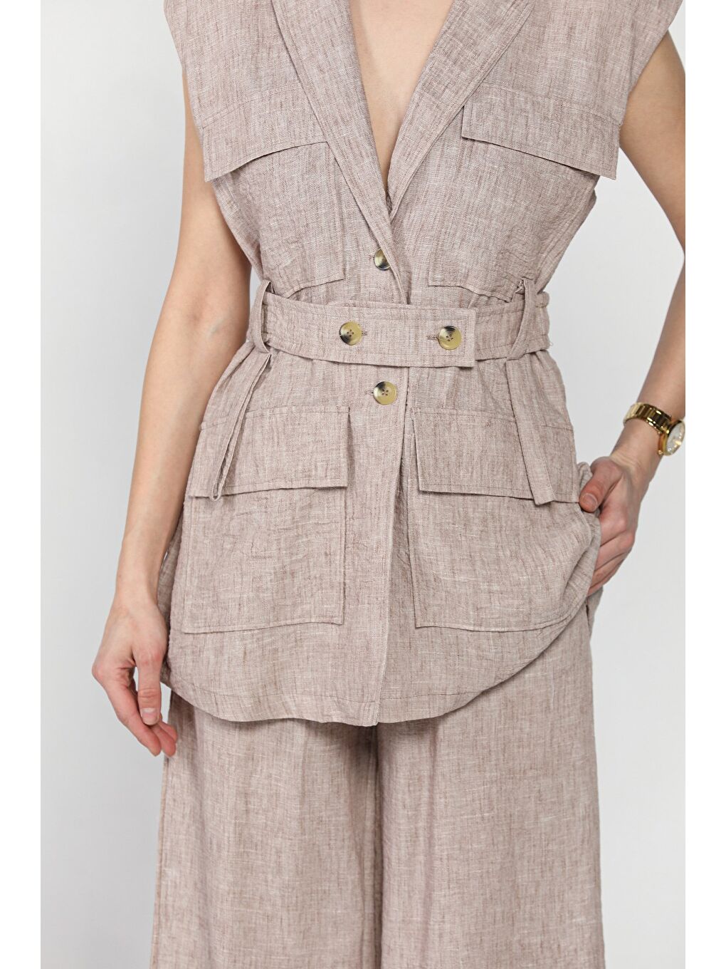 Bej Kadın Bel Kuşaklı Yelek Pantolon İkili Takım-3