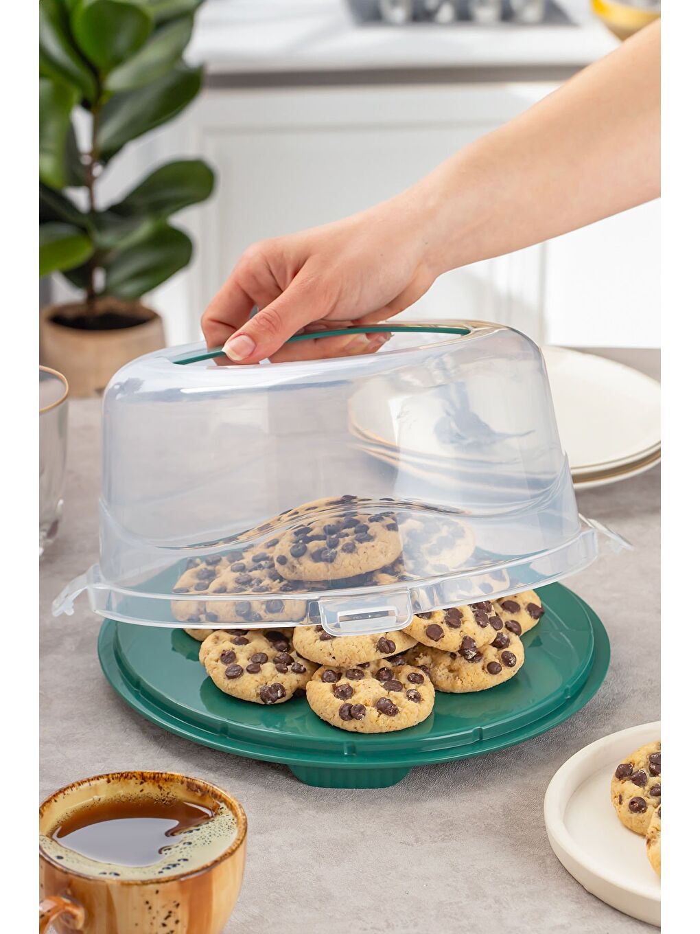 Yeşil 1093 Yuvarlak Kek Pasta Börek Saklama Kabı - Kilitli Kapaklı Taşıma Fanusu 25 cm-1