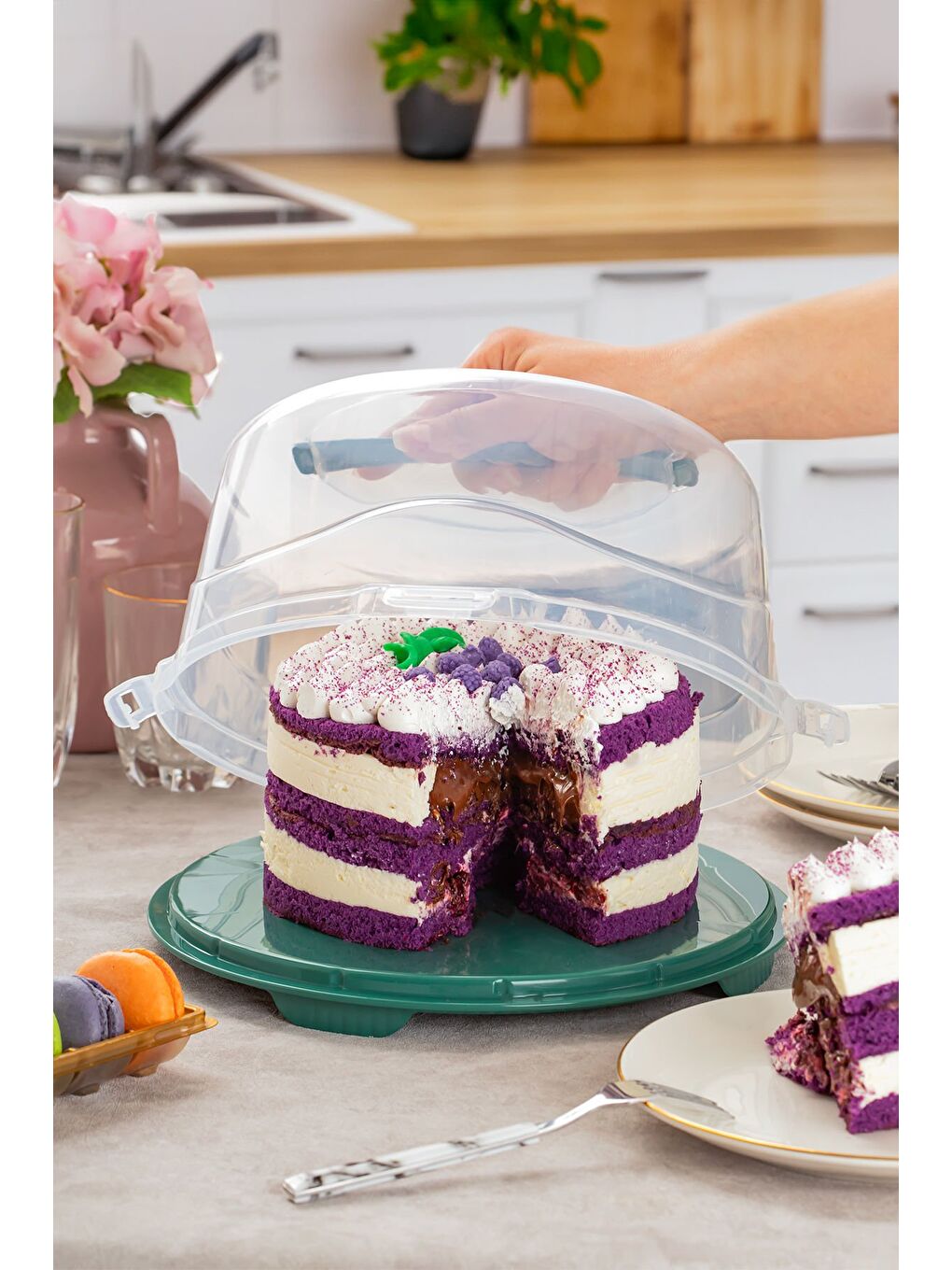 Yeşil 1093 Yuvarlak Kek Pasta Börek Saklama Kabı - Kilitli Kapaklı Taşıma Fanusu 25 cm-2