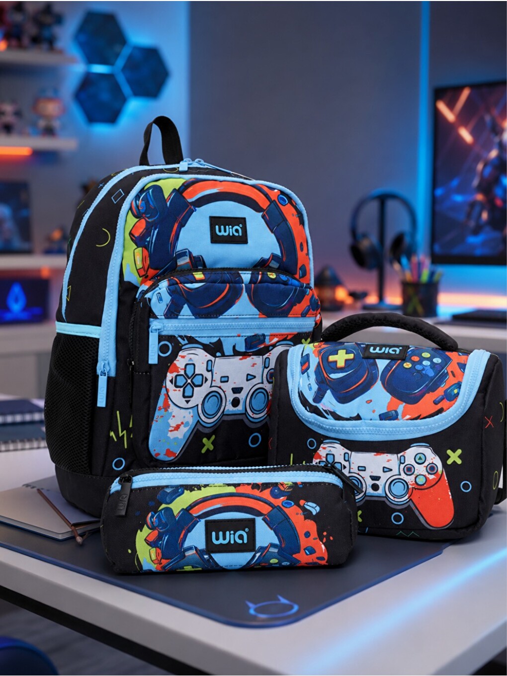 Siyah Wia Gamer Desenli Çocuk Okul Çantası 3’lü Set – Sırt Çantası, Beslenme Çantası Ve Kalemlik