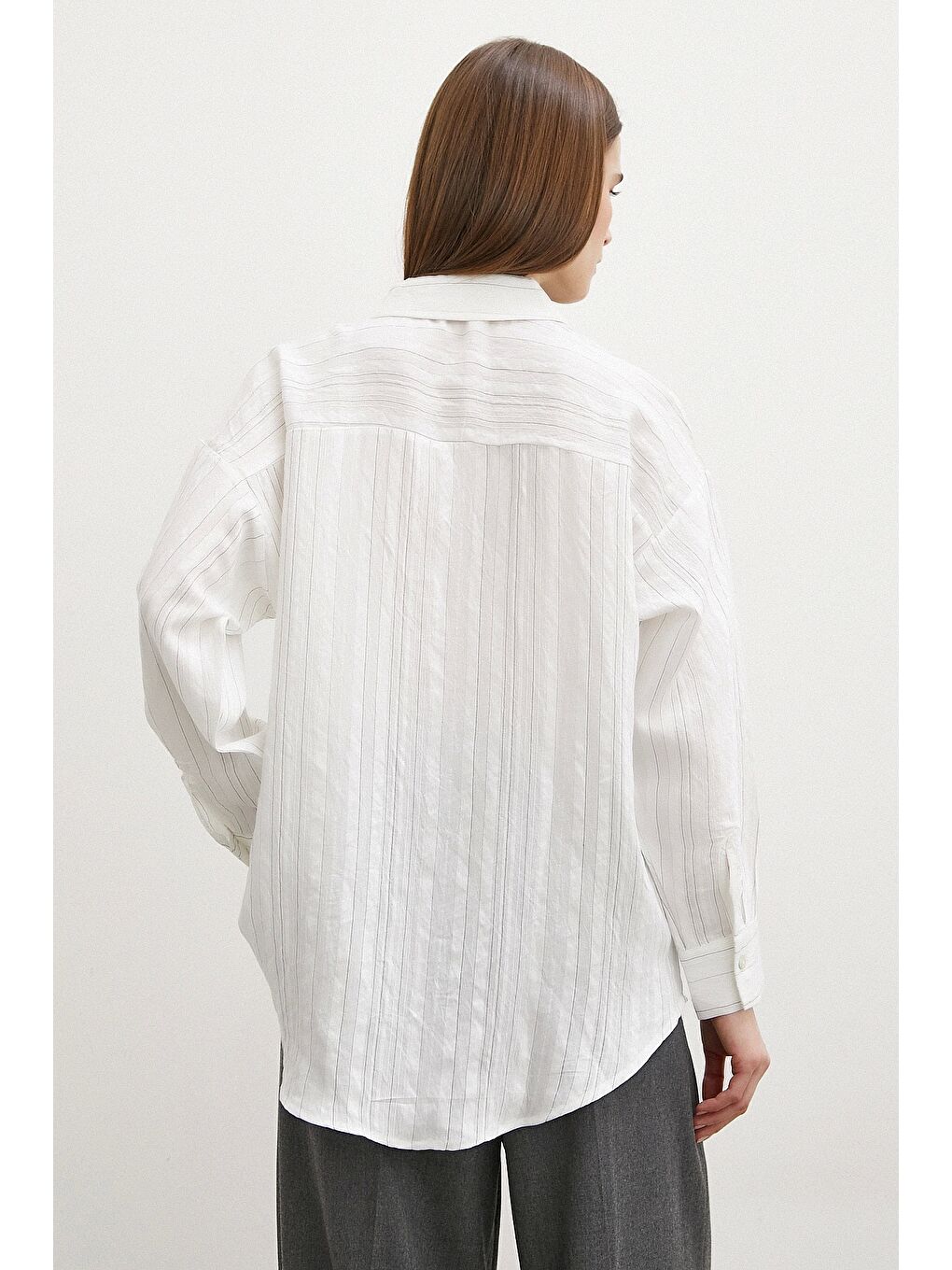 Ekru Dokulu Çizgili Gömlek Krem-1