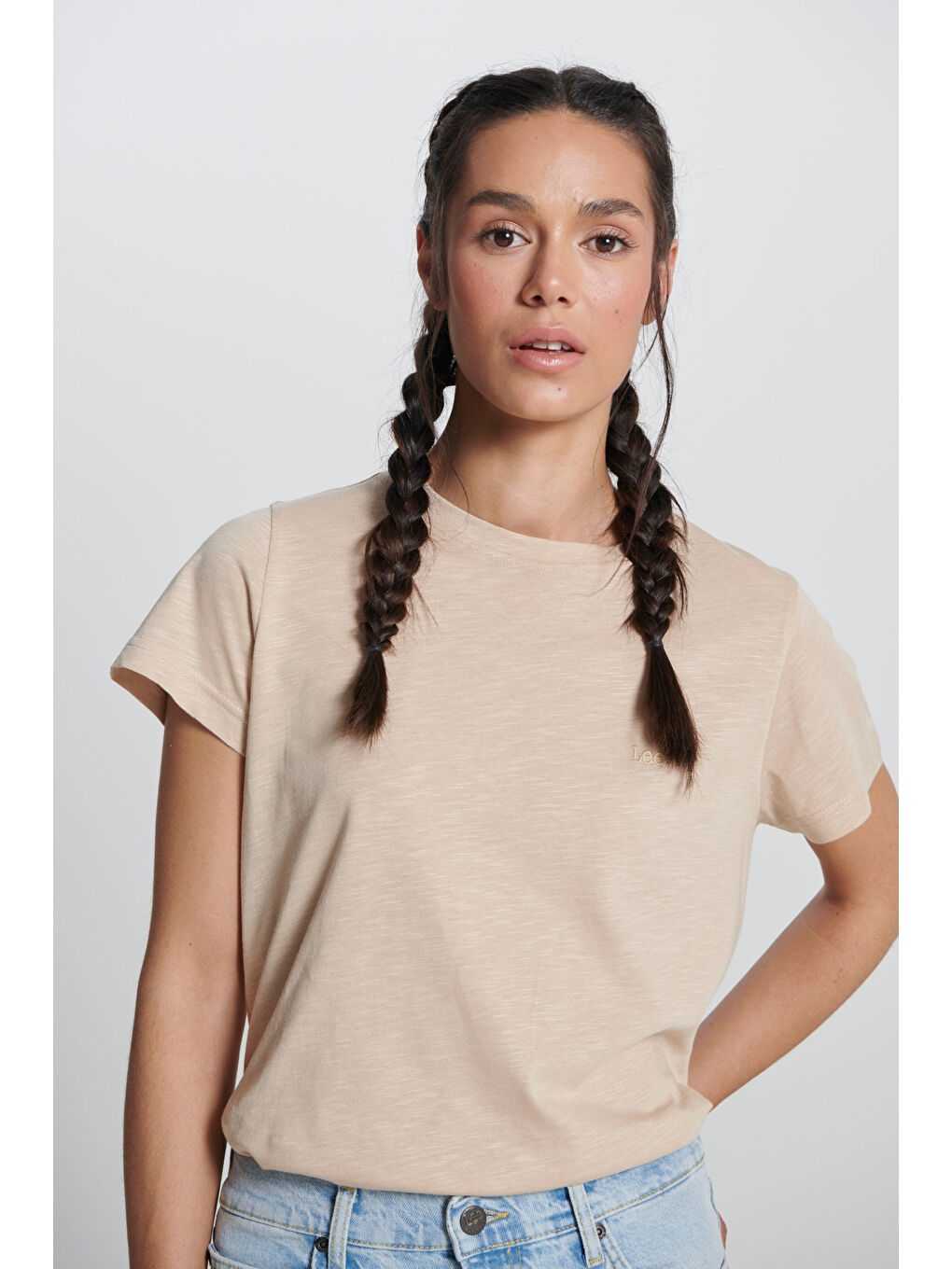 Regular Fit Normal Kesim Bisiklet Yaka Bej Tişört-2