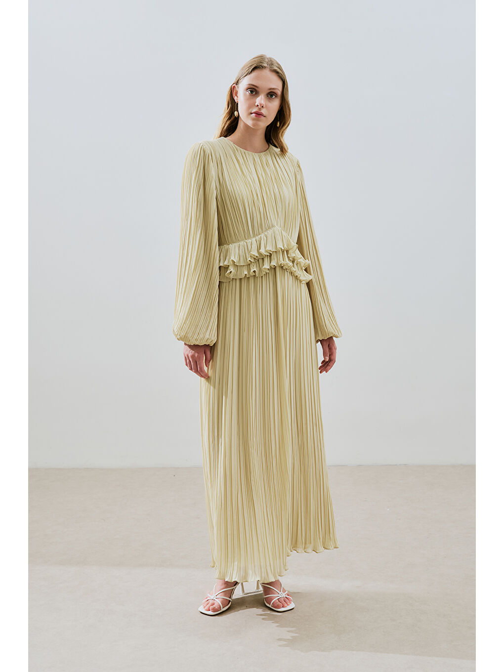 Yeşil Mila Piliseli Katlı Elbise Adaçayı-5