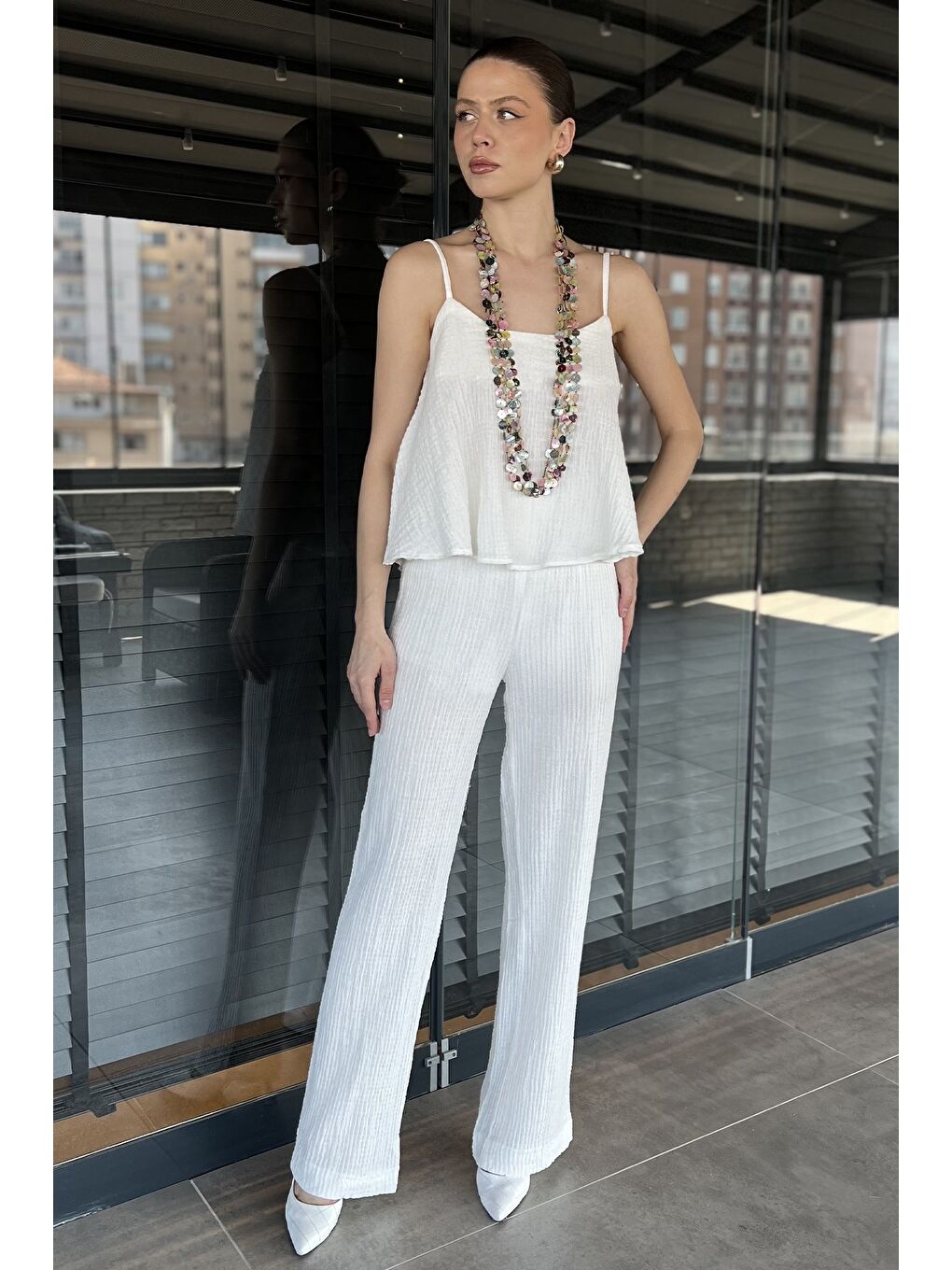 Ekru İp Askılı Keten Bluz Pantolon İkili Takım