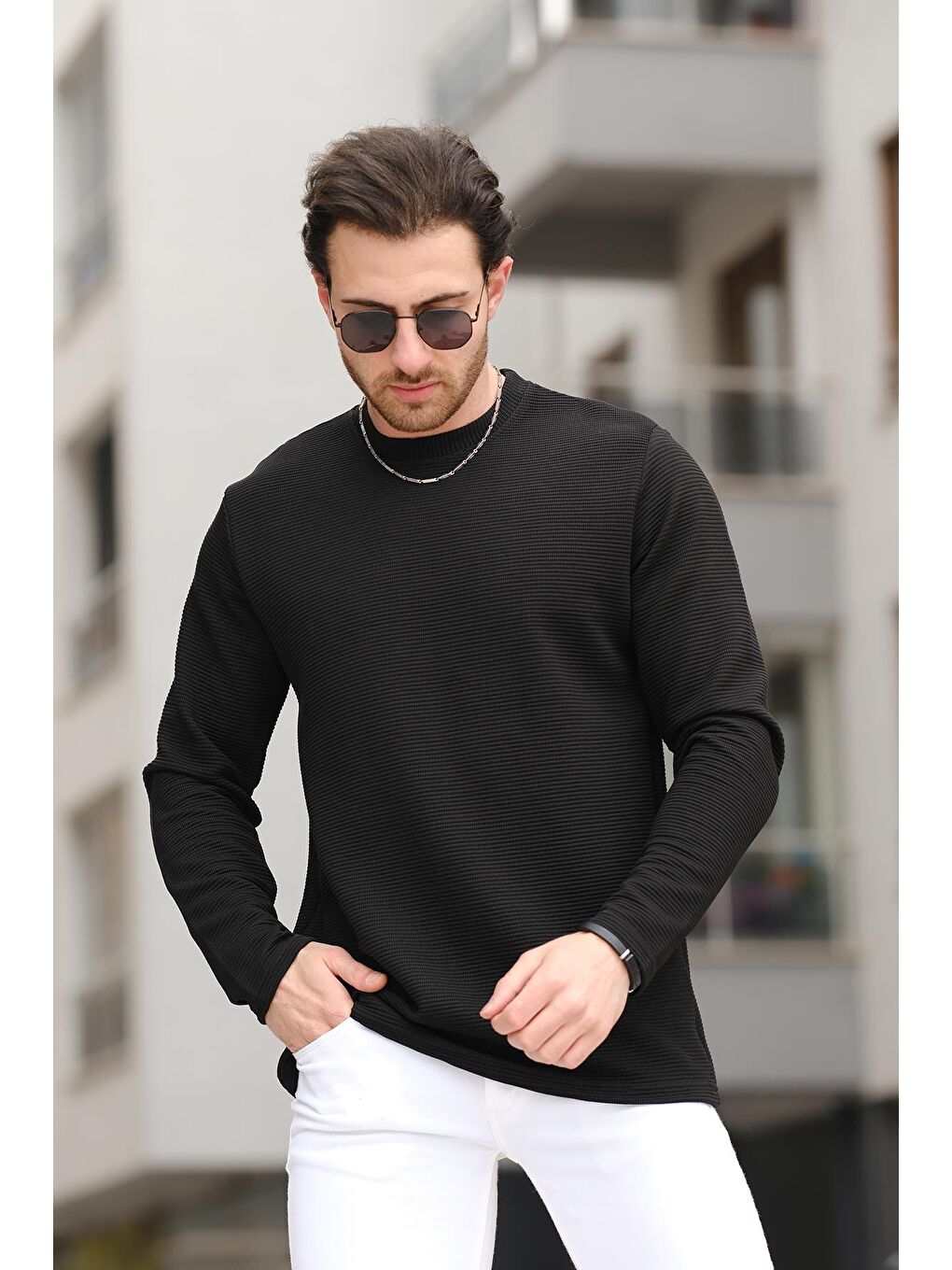 Oksit Siyah Ft 140 Slim Fit Otoban Desen Erkek Sweatshirt