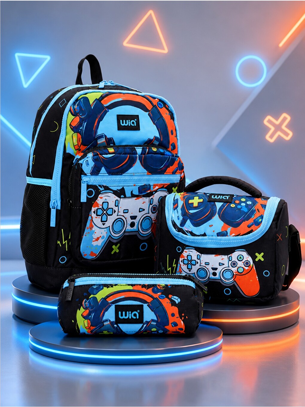 Siyah Wia Gamer Desenli Çocuk Okul Çantası 3’lü Set – Sırt Çantası, Beslenme Çantası Ve Kalemlik-1
