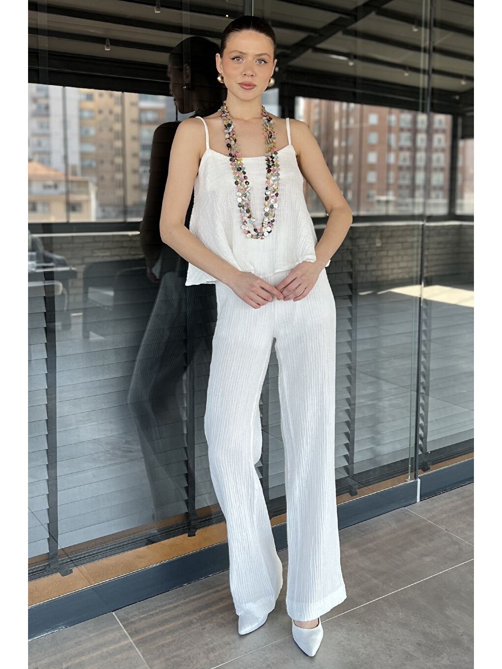 Ekru İp Askılı Keten Bluz Pantolon İkili Takım-1