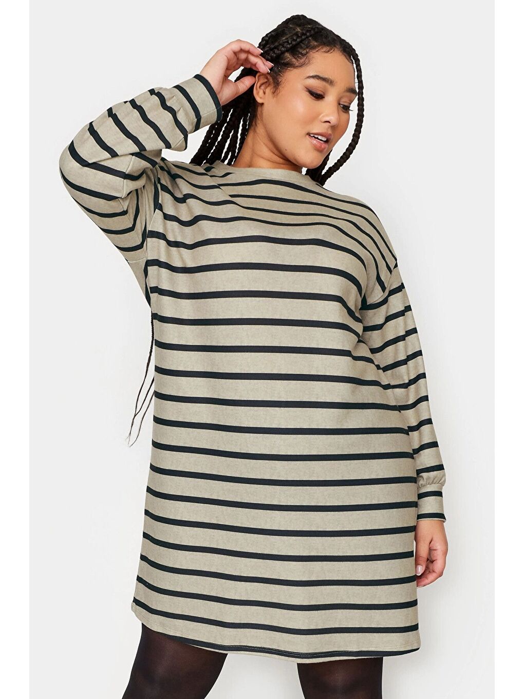 Bej Büyük Beden Bisiklet Yaka Uzun Kollu Çizgili Kısa Elbise 302882-1