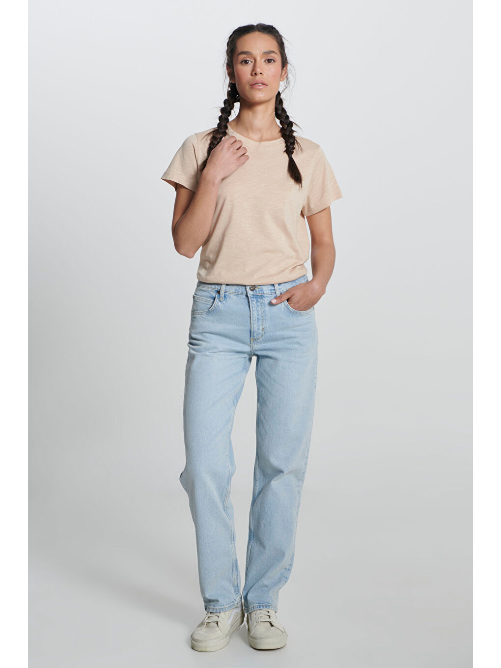 Regular Fit Normal Kesim Bisiklet Yaka Bej Tişört-3