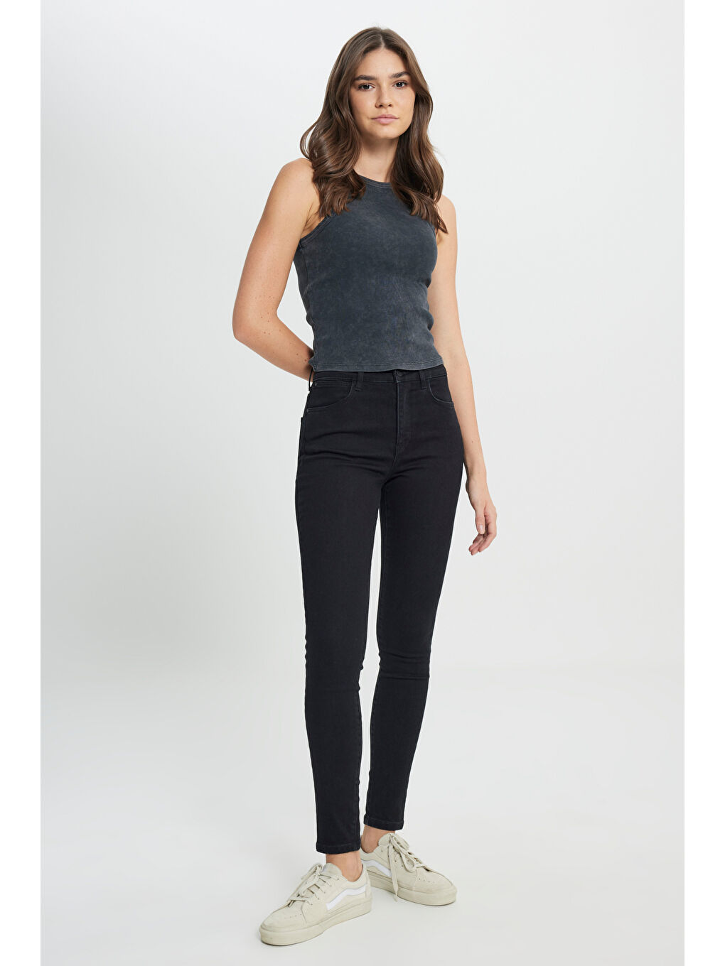 Siyah High Rise Skinny Fit Denim Esnek Yüksek Bel Jean Jean Pantolon-1