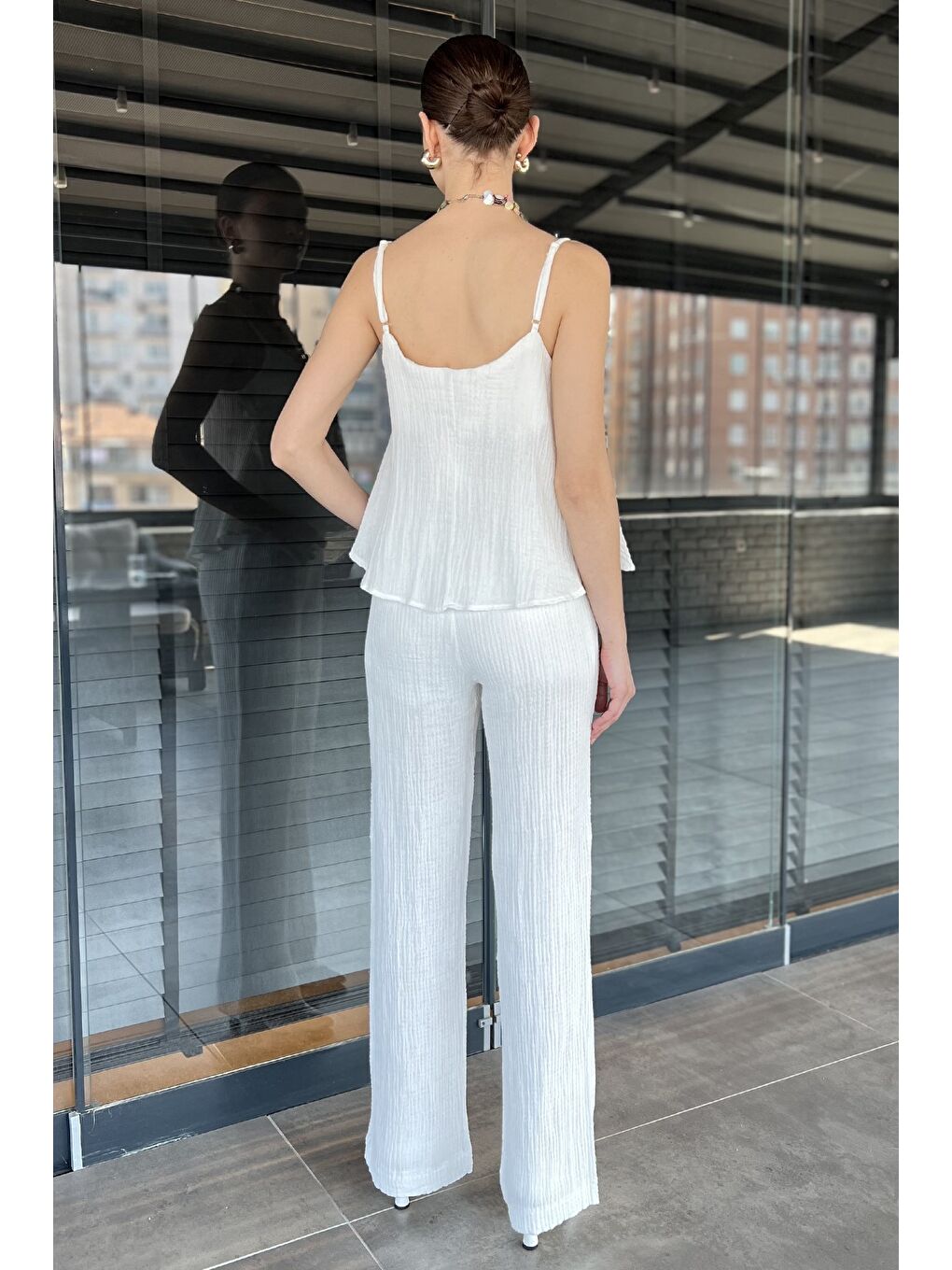 Ekru İp Askılı Keten Bluz Pantolon İkili Takım-2