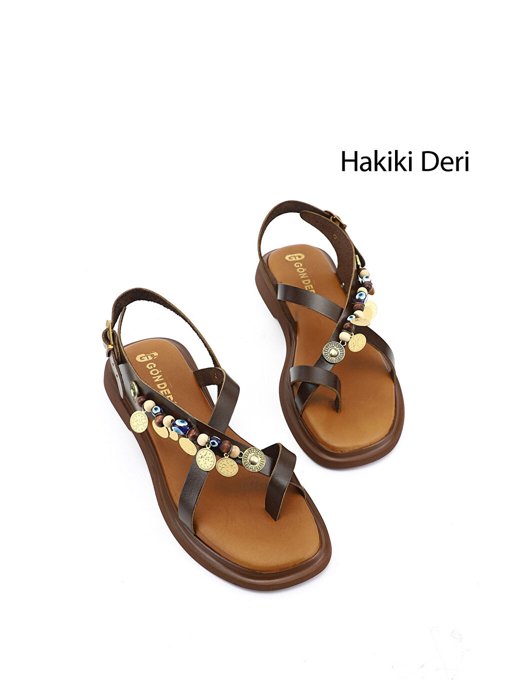 Kahverengi Kadın KAHVERENGİ Boncuklu Parmak Arası Hakiki Deri Sandalet