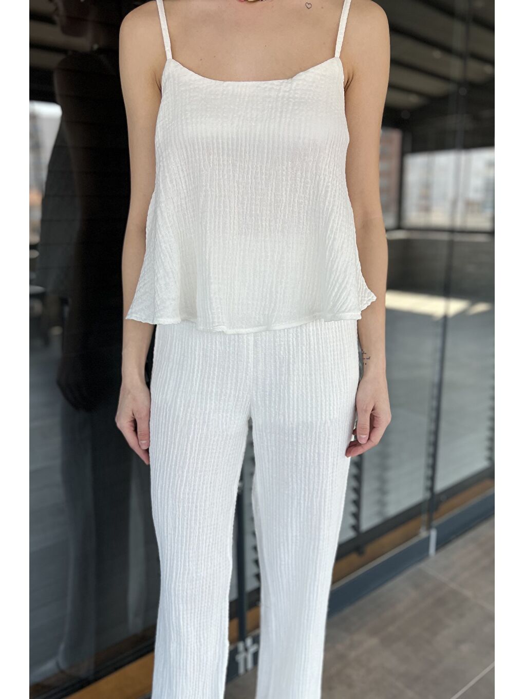 Ekru İp Askılı Keten Bluz Pantolon İkili Takım-3