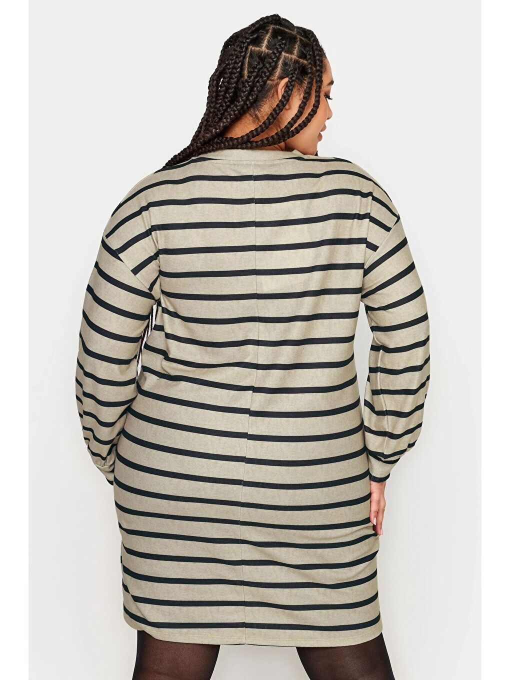Bej Büyük Beden Bisiklet Yaka Uzun Kollu Çizgili Kısa Elbise 302882-4