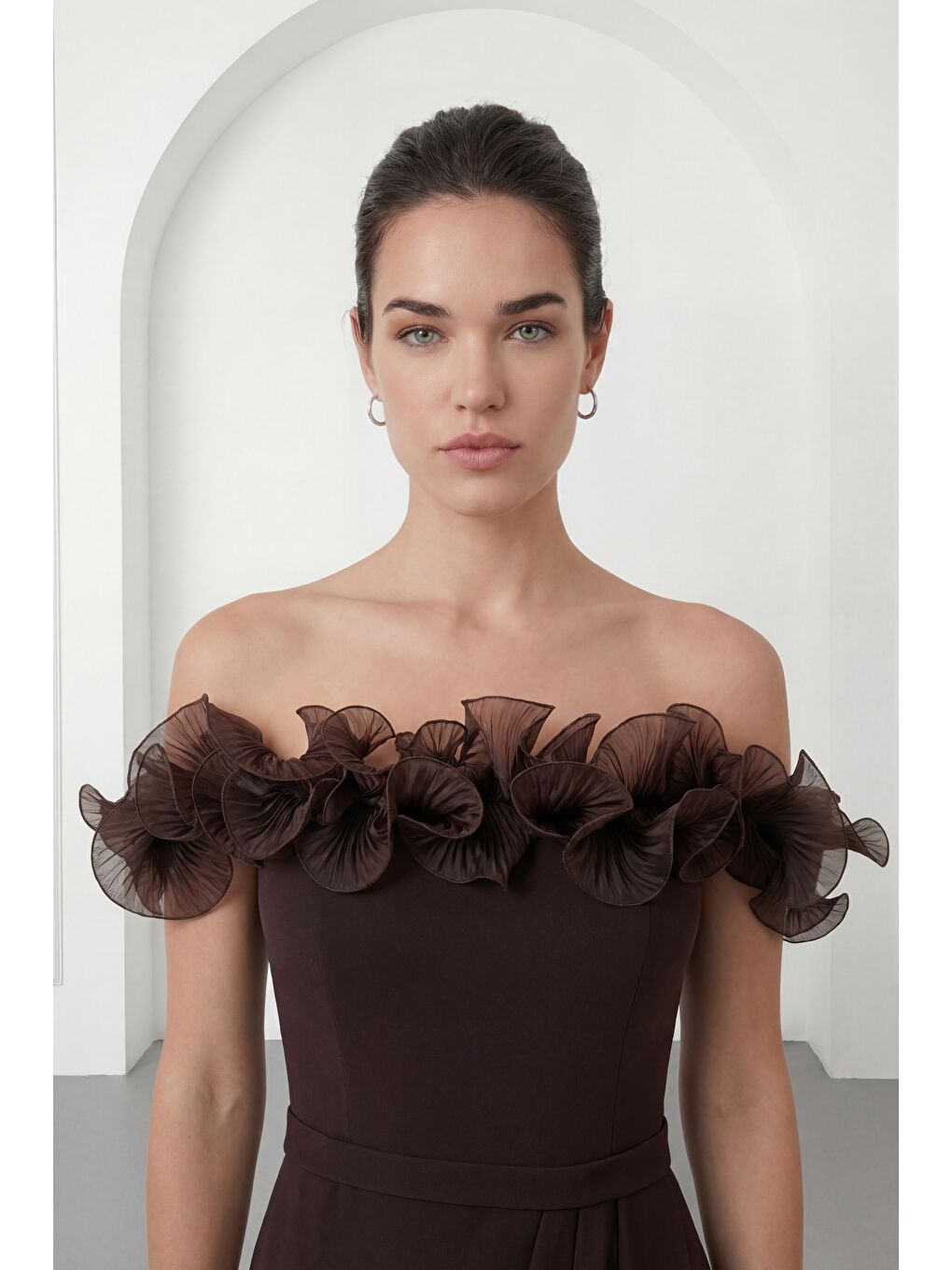 Kadın Kahverengi Kayık Yaka Volan Detay Söz nişan Nikah Abiye Elbise-2