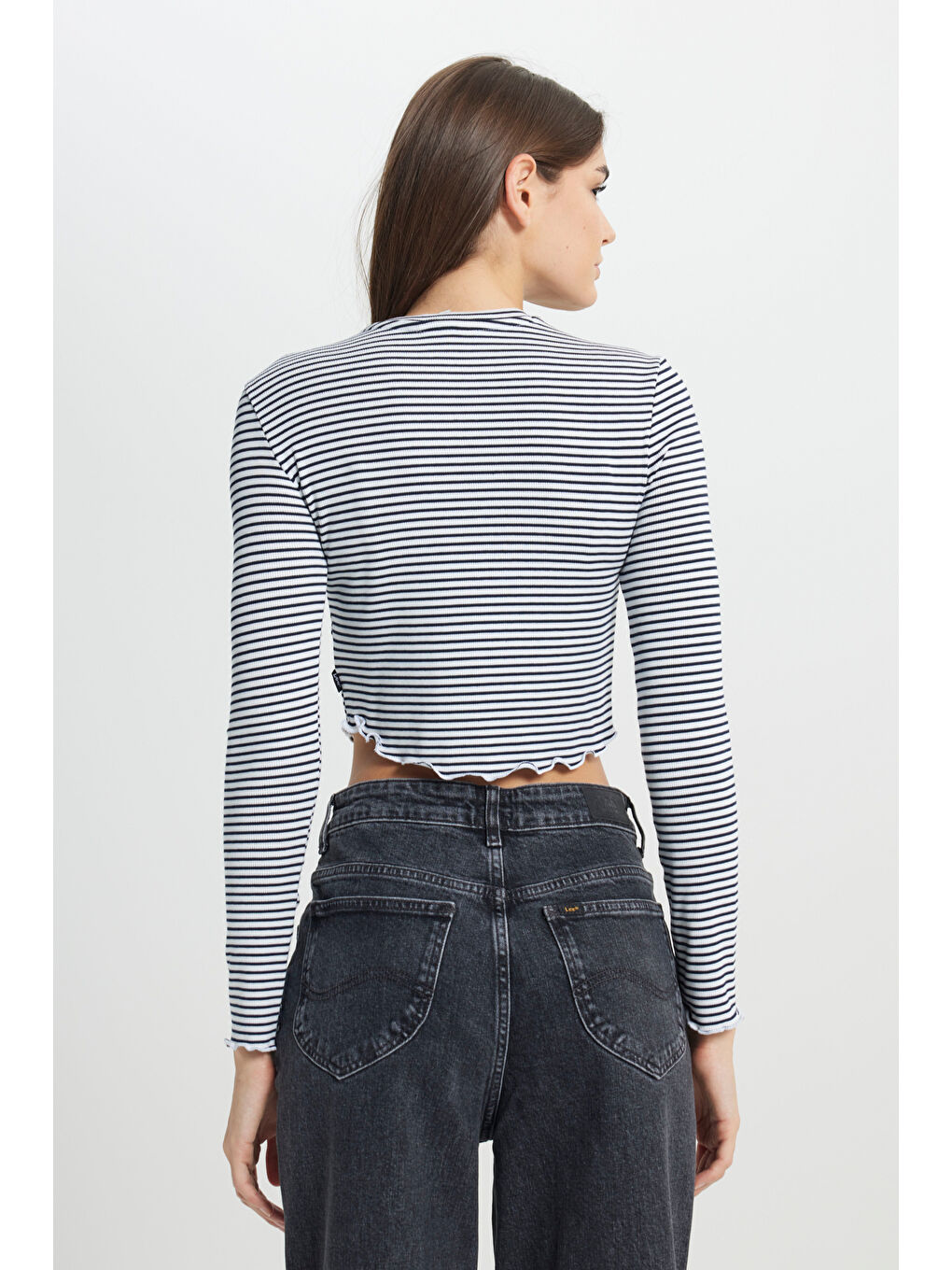 Slim Fit Dar Kesim Bisiklet Yaka Beyaz Uzun Kollu Tişört-5