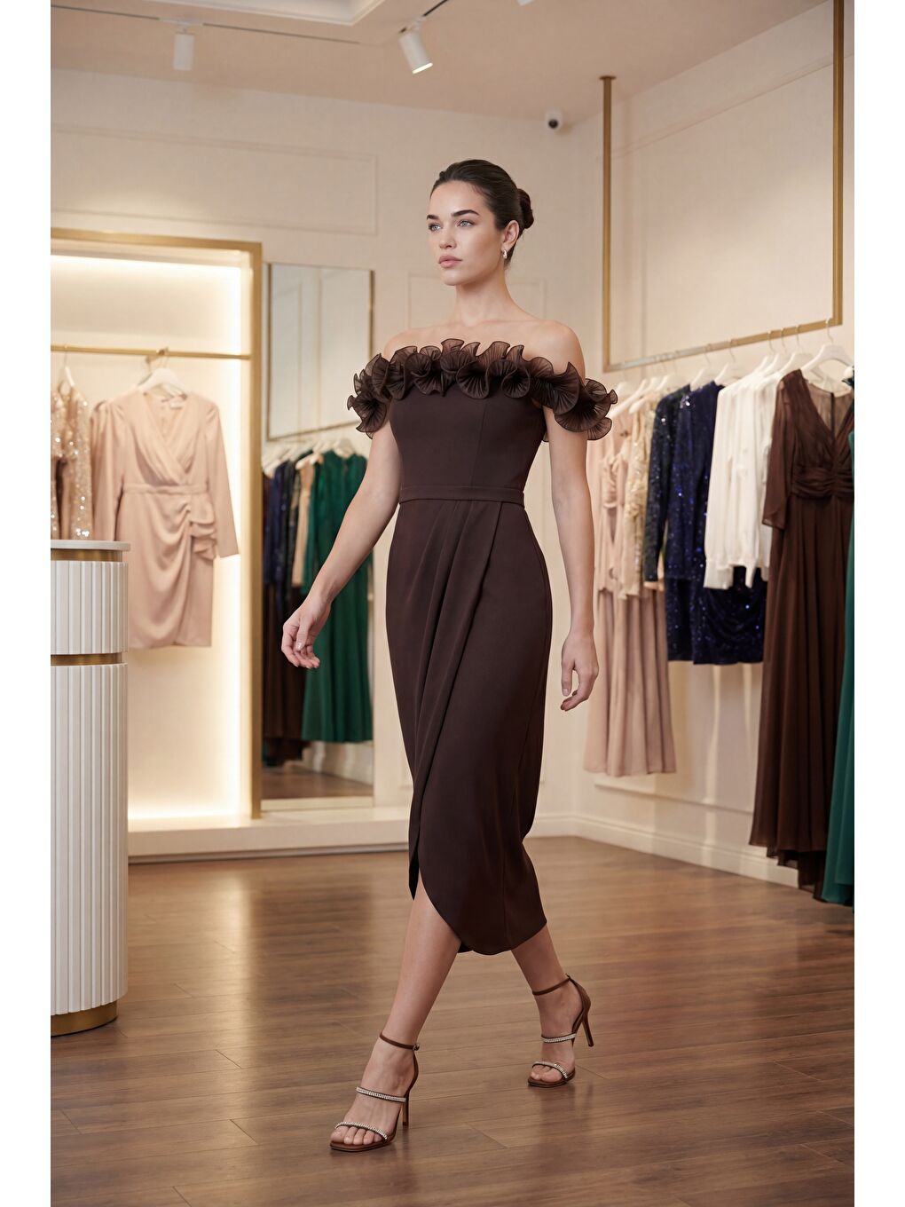 Kadın Kahverengi Kayık Yaka Volan Detay Söz nişan Nikah Abiye Elbise-4