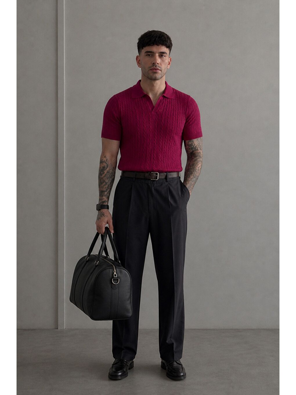 Bordo Erkek Old Money Örgü Polo Yaka Triko Tişört-1