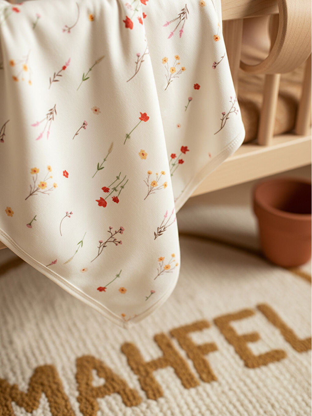 Ekru %100 Pamuklu Dallı Çiçek Baskılı Bebek Battaniyesi-1