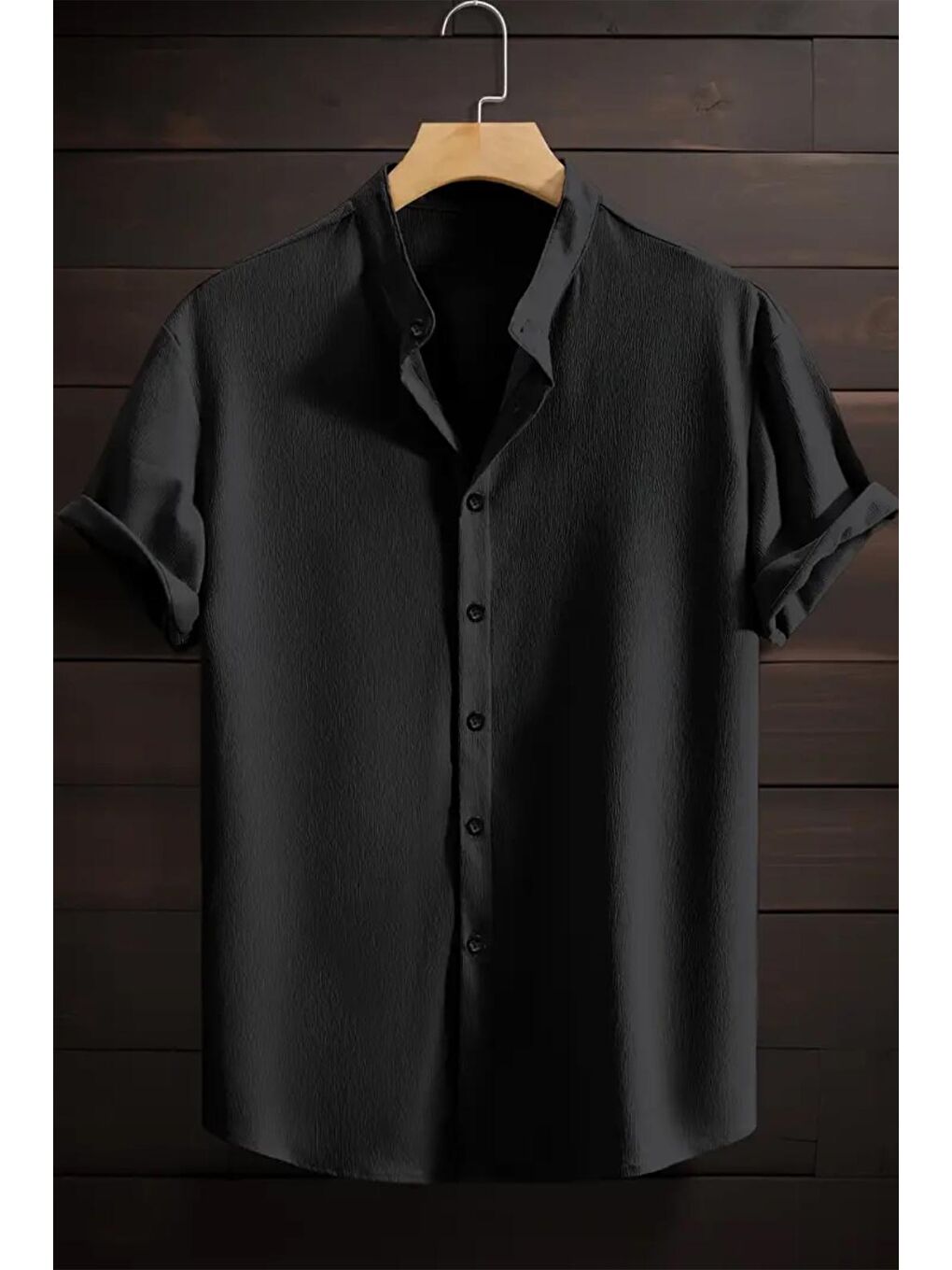 Siyah Laend Slim Fit Esnek Elastanlı Kısa Kol Hakim Yaka Erkek Gömlek