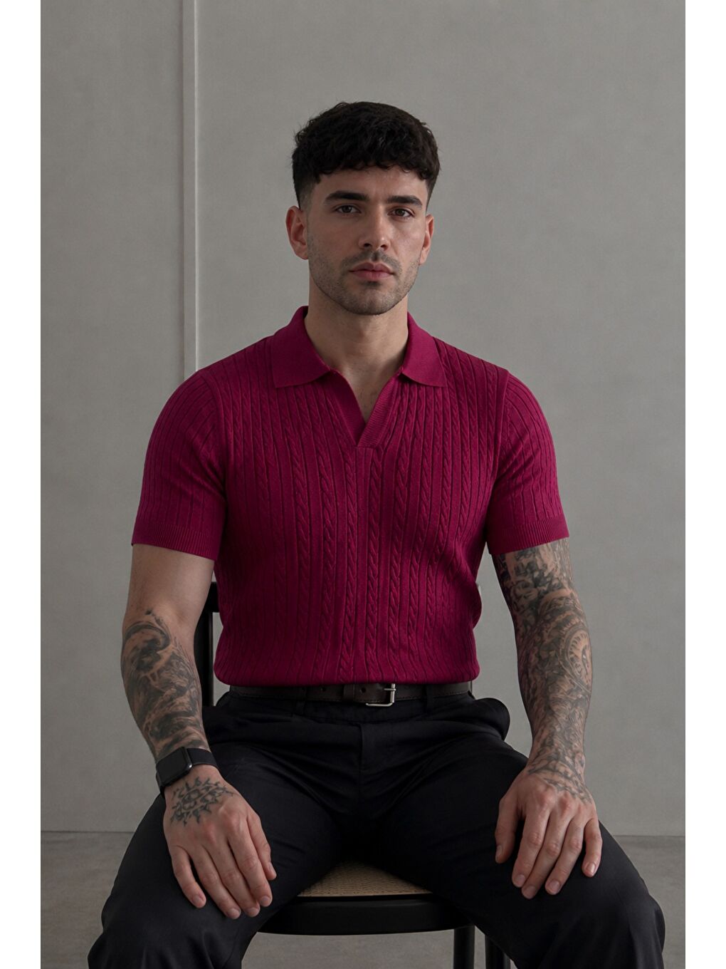Bordo Erkek Old Money Örgü Polo Yaka Triko Tişört-2