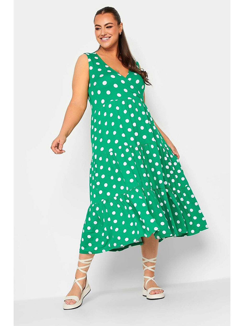 Yeşil Büyük Beden Sıfır Kol Büyük Puantiyeli V Yaka Midi Boy Elbise 302354-1