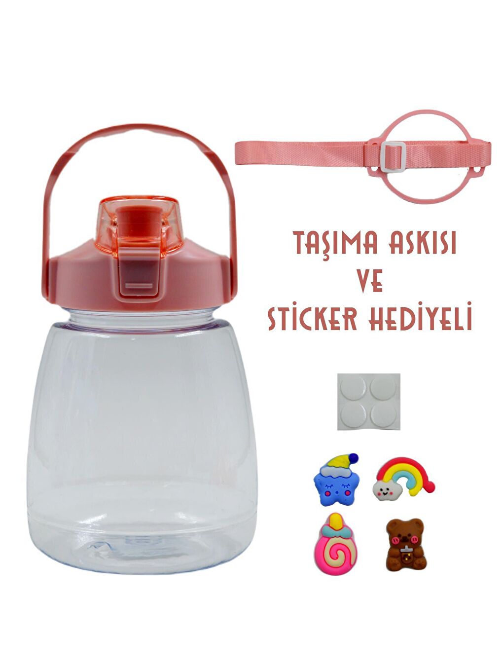 BottleBoss Pembe Taşıma Askılı Pipetli Şeffaf Matara 1200 Ml Sticker HEDİYELİ Pembe - 1