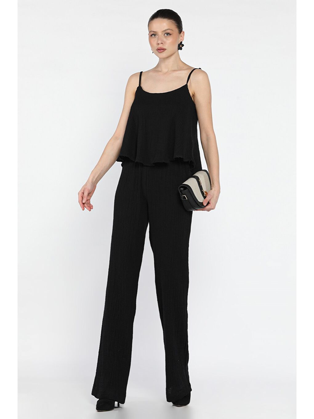 Siyah İp Askılı Keten Bluz Pantolon İkili Takım-1