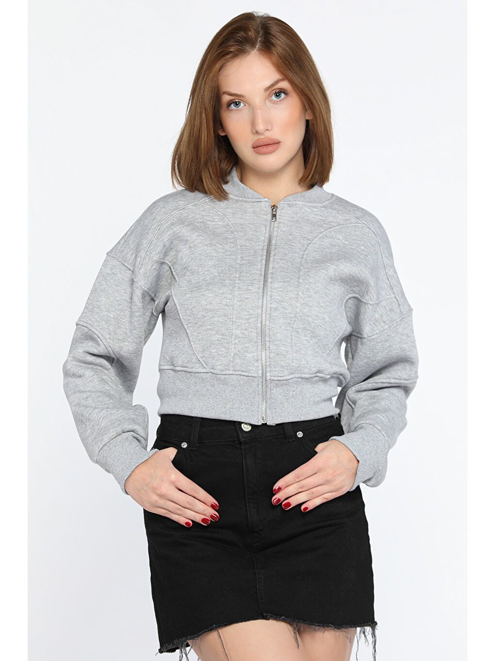 GÜLSELİ Gri Fermuarlı Crop Top Sweatshirt