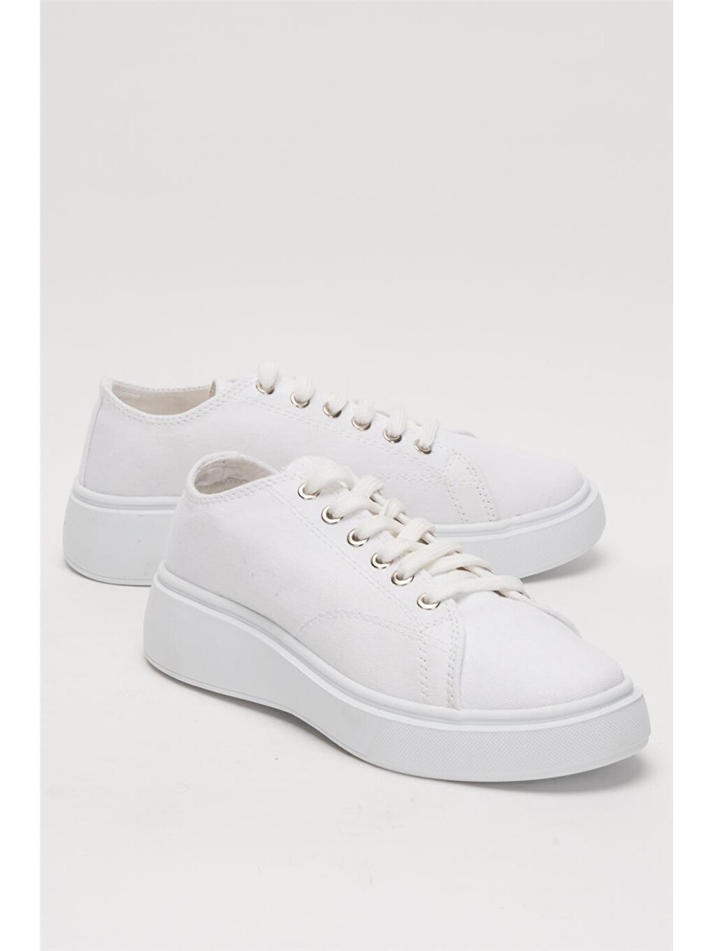 Kadın Rahat Kalıp Kalın Taban Keten Sneakers Beyaz-1