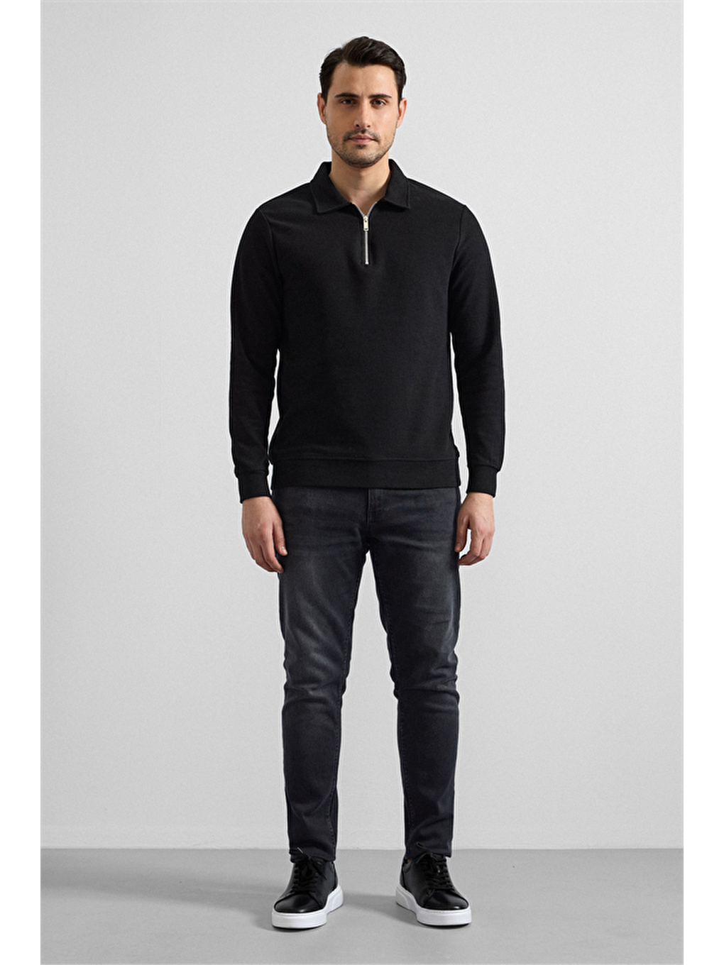 Siyah Regular Düz Yarım Balıkçı Yaka Sweatshirt-2