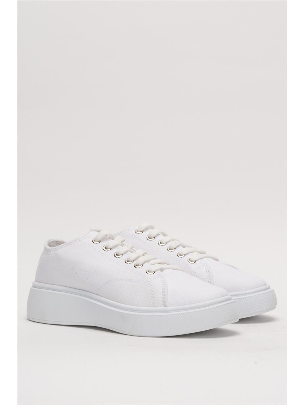 Kadın Rahat Kalıp Kalın Taban Keten Sneakers Beyaz-2