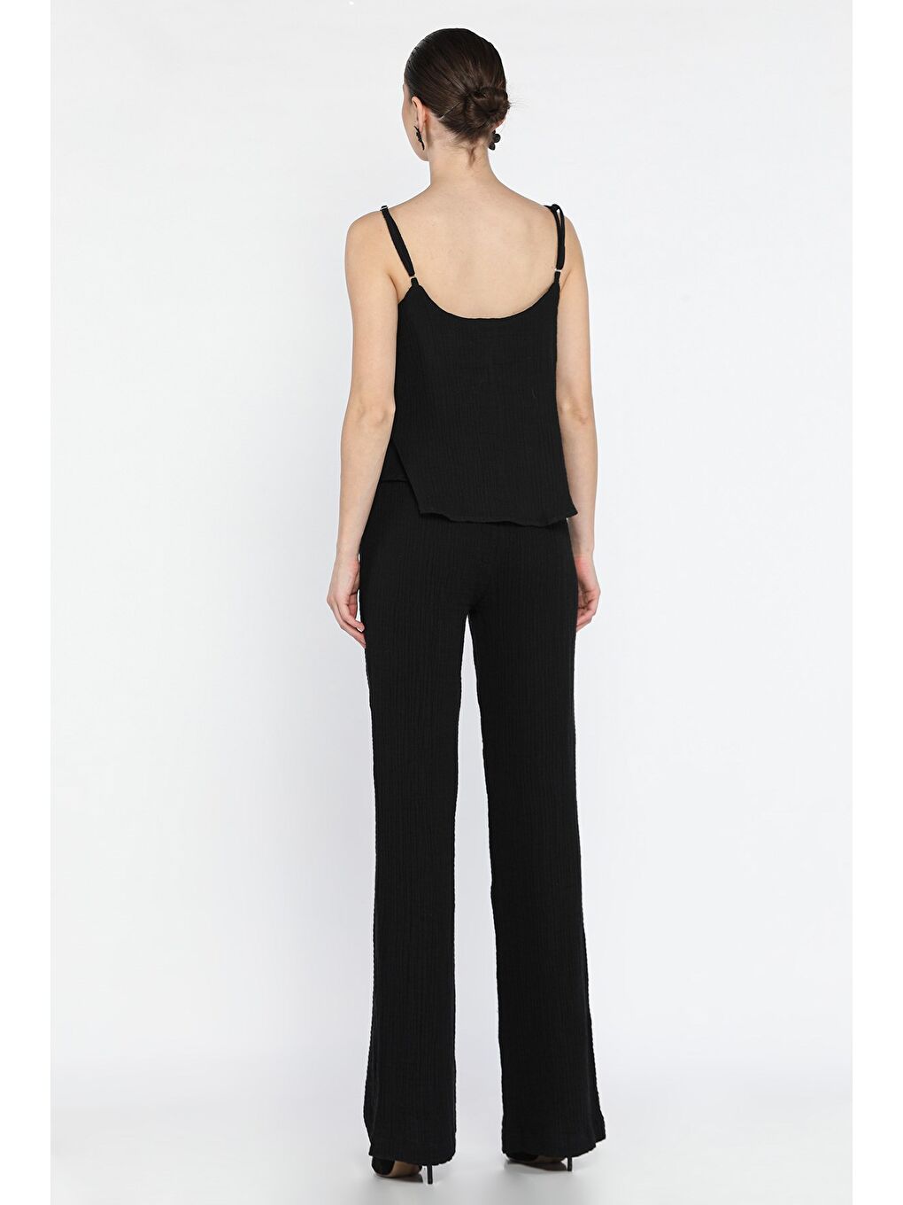 Siyah İp Askılı Keten Bluz Pantolon İkili Takım-2