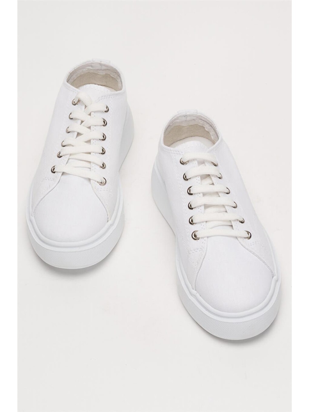 Kadın Rahat Kalıp Kalın Taban Keten Sneakers Beyaz-5