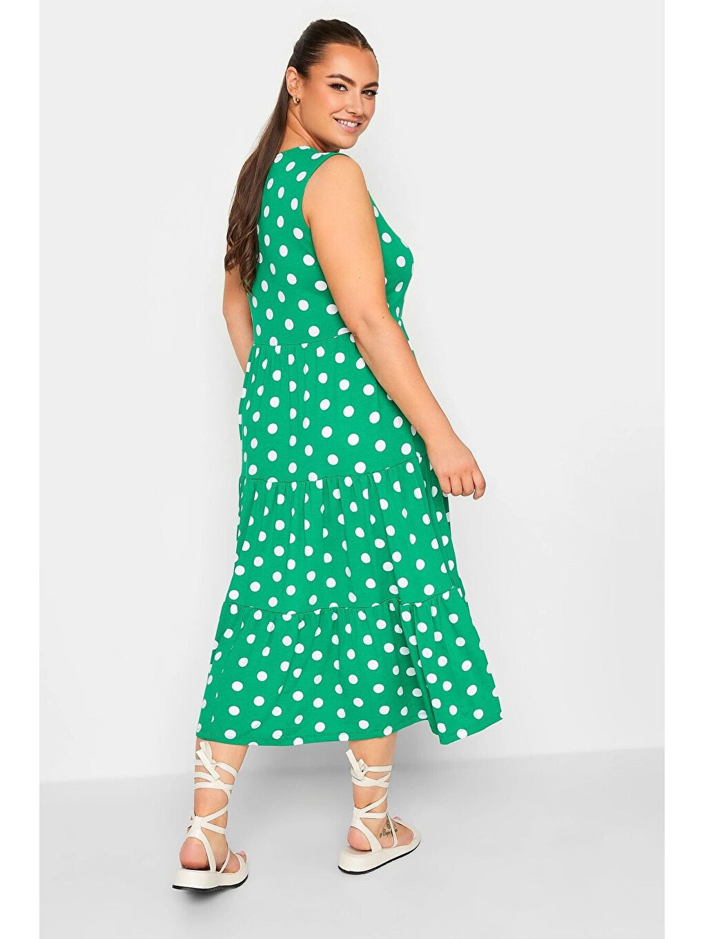 Yeşil Büyük Beden Sıfır Kol Büyük Puantiyeli V Yaka Midi Boy Elbise 302354-4