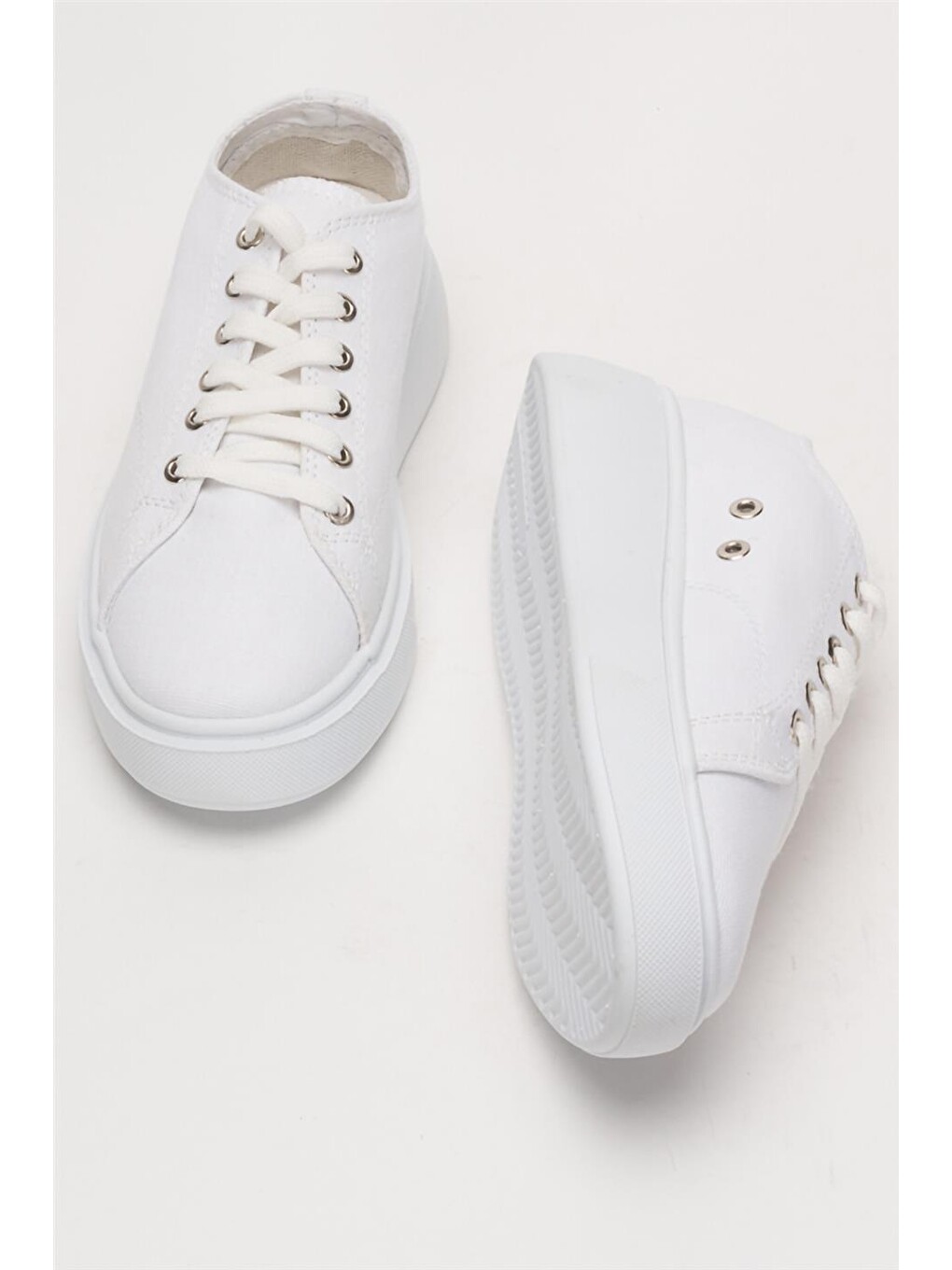 Kadın Rahat Kalıp Kalın Taban Keten Sneakers Beyaz-6
