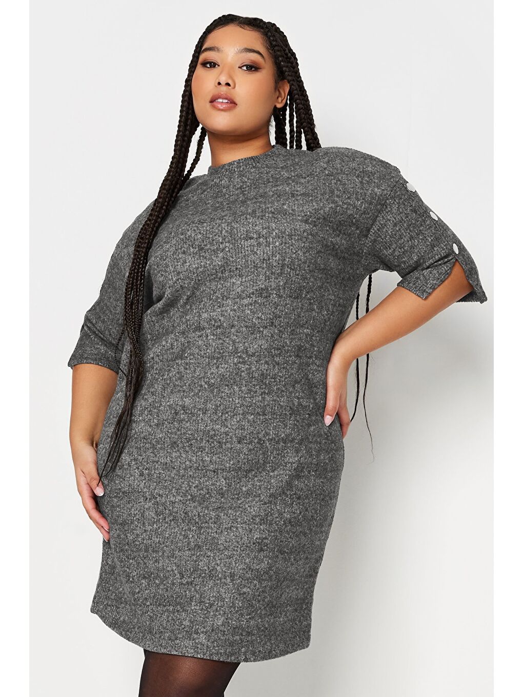 Gri Büyük Beden Yarım Balıkçı Yaka Yarım Kollu Fitilli Elbise 302854-1