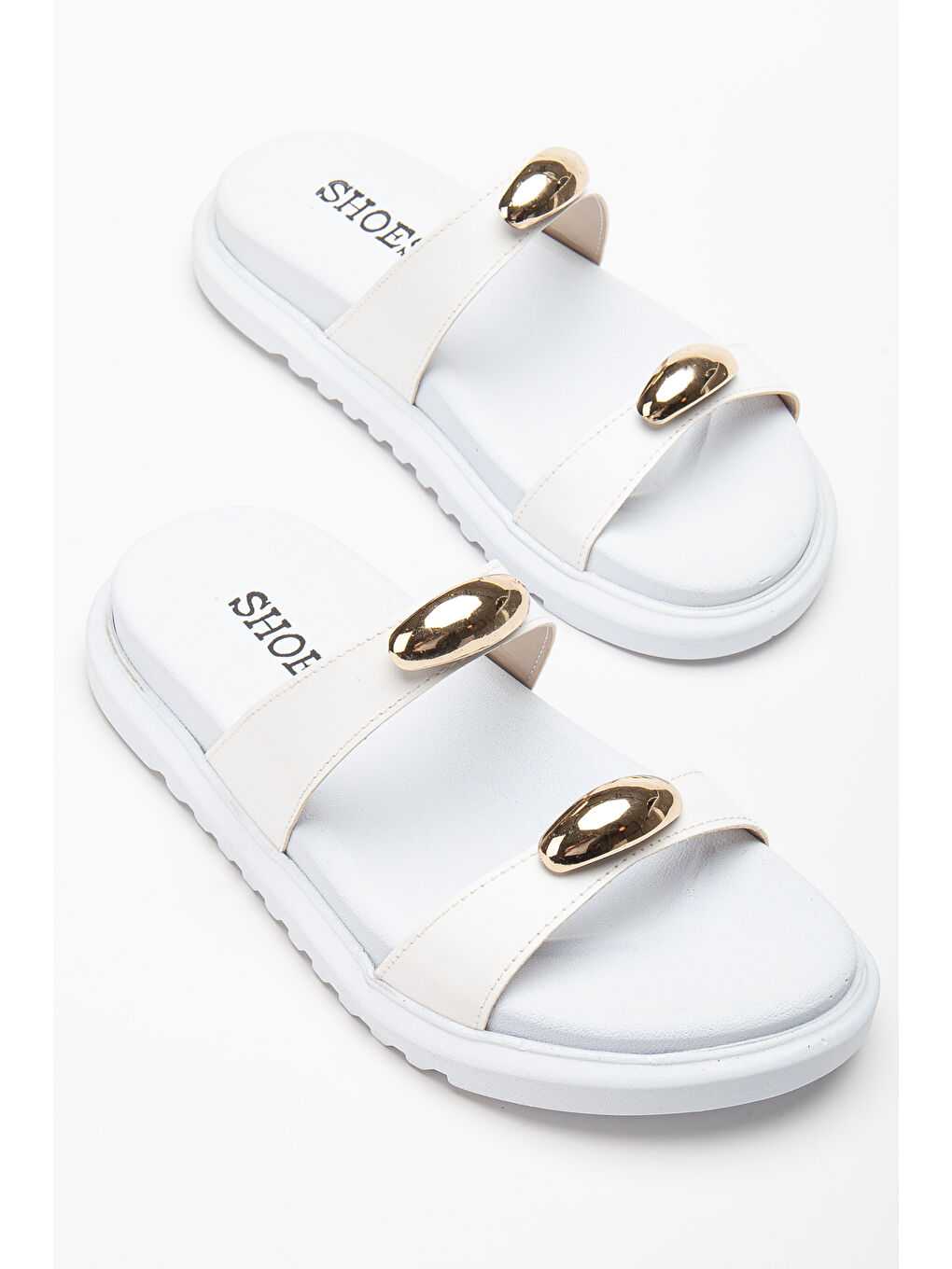 Kadın Beyaz Çift Bantlı Toka Detaylı Terlik-1