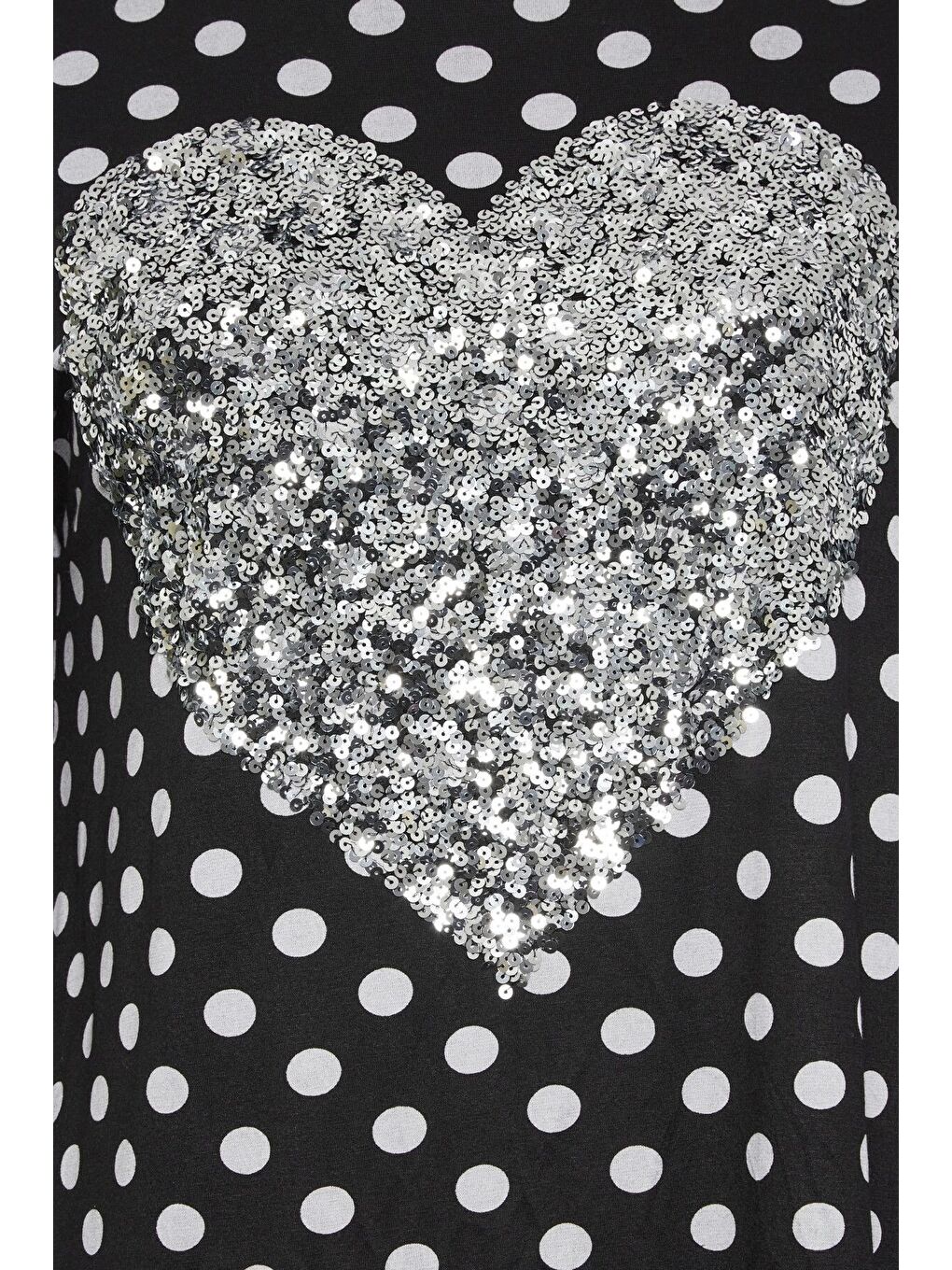 Siyah Büyük Beden Yırtmaç Detaylı Puantiyeli Payetli Uzun Kollu Bisiklet Yaka Bluz 302496-5