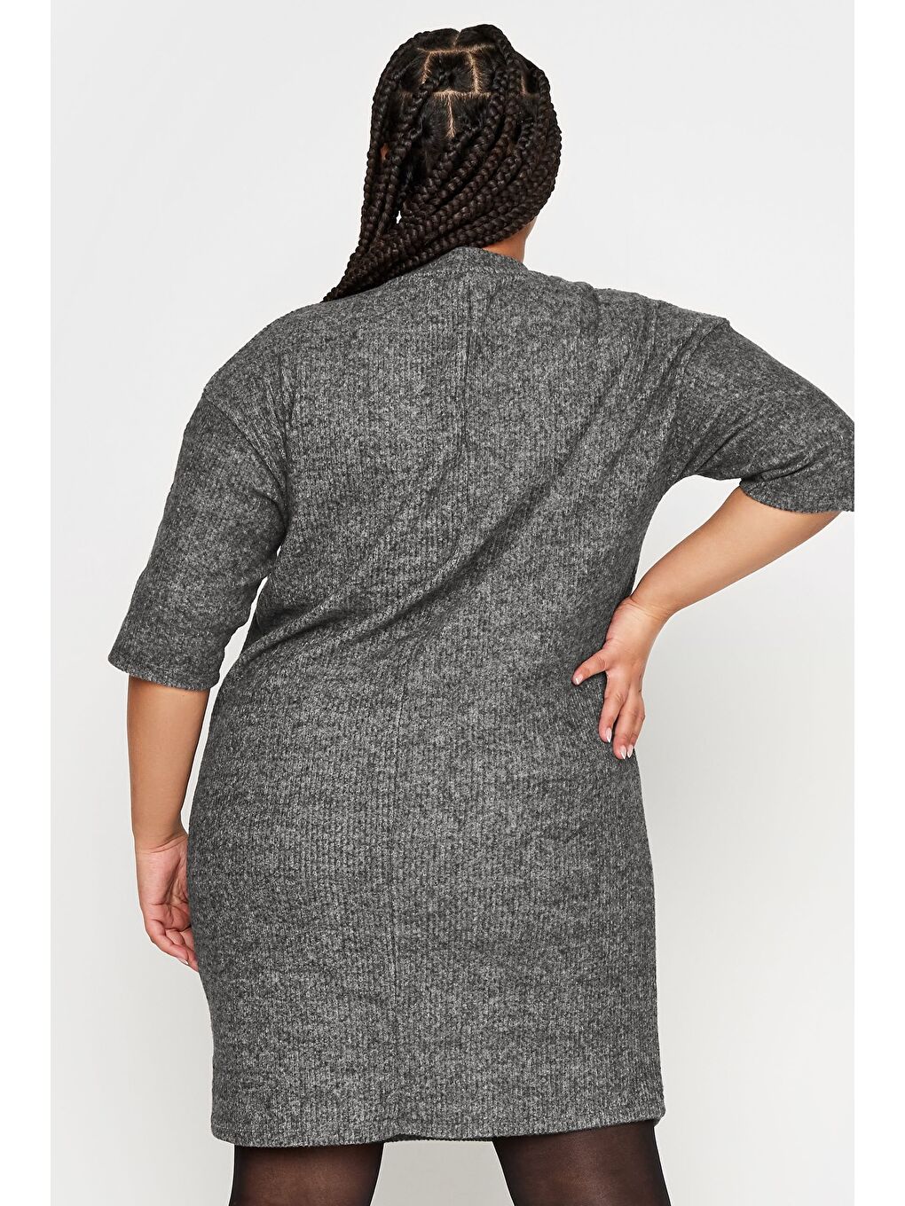 Gri Büyük Beden Yarım Balıkçı Yaka Yarım Kollu Fitilli Elbise 302854-4