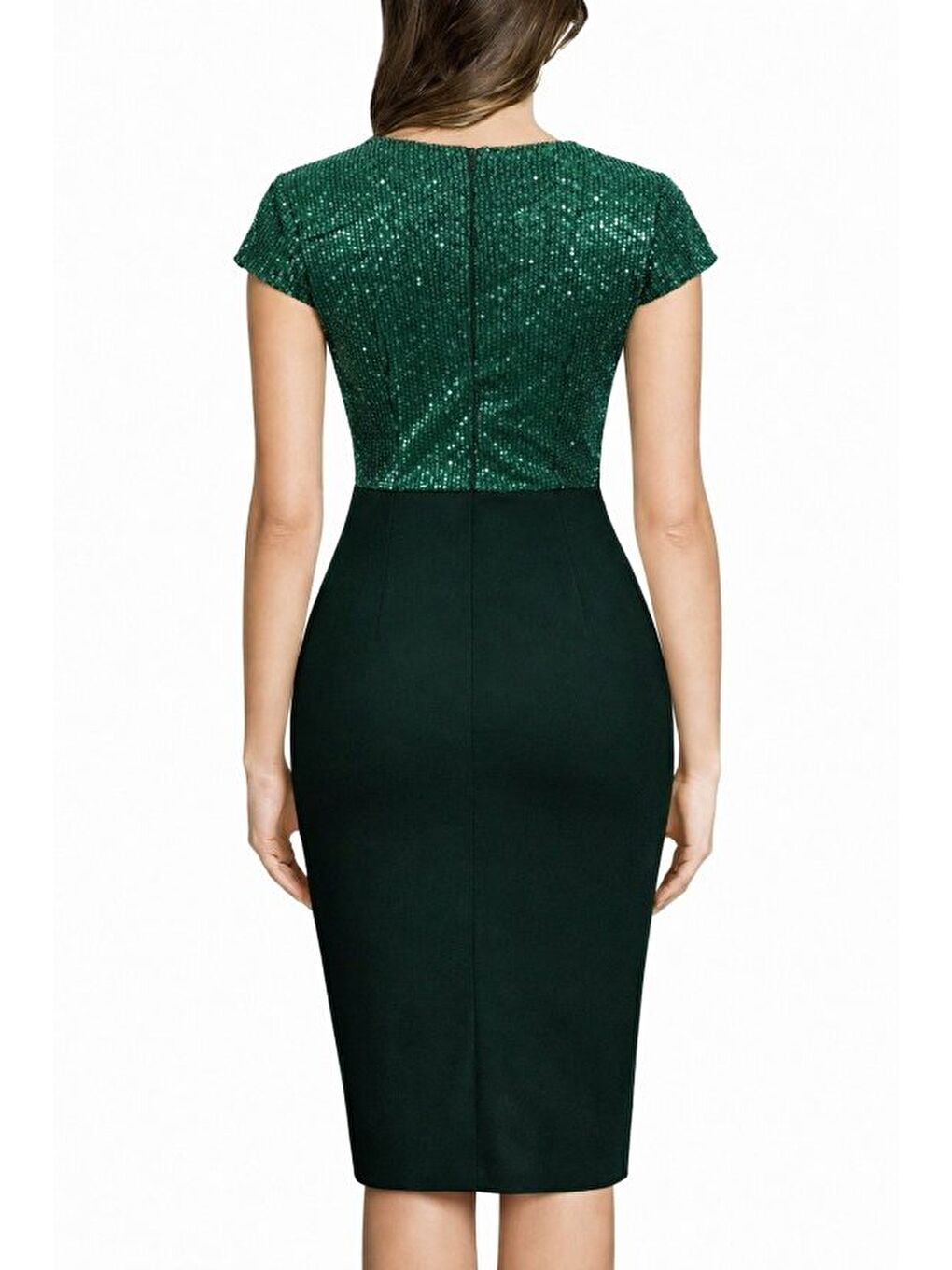 Yeşil Kadın Kısa Kollu Kruvaze Yakalı ışıltı Detaylı Midi Ithal Krep Elbise-2