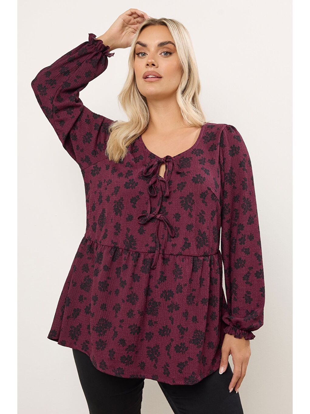 Mürdüm Büyük Beden Yaka Detaylı Uzun Kollu Bürümcük Kumaş Bluz 323003