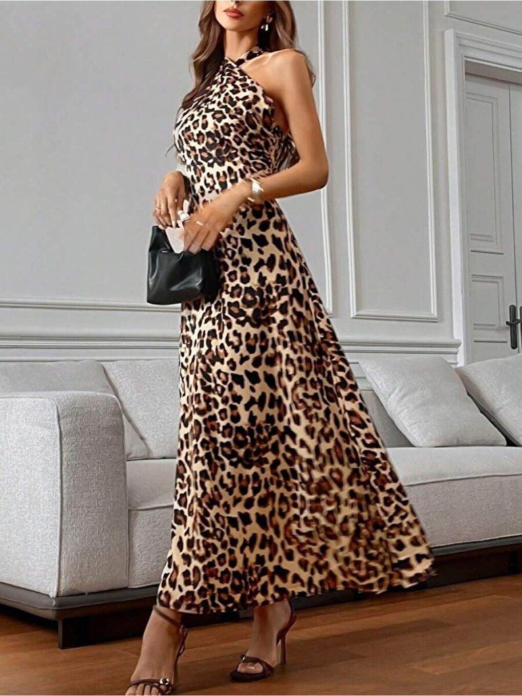 Kahverengi Kadın Omuzlardan Açık Boyundan çapraz Bağlama Detaylı Süprem Elbise-1